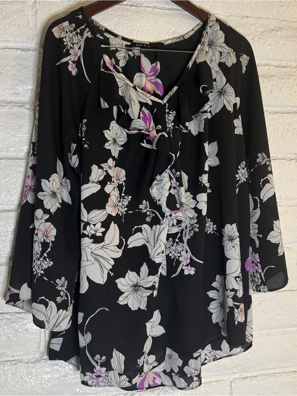 Sami & Jo Floral Ruffle Blouse XL Black Purple Long Sleeve Career Top